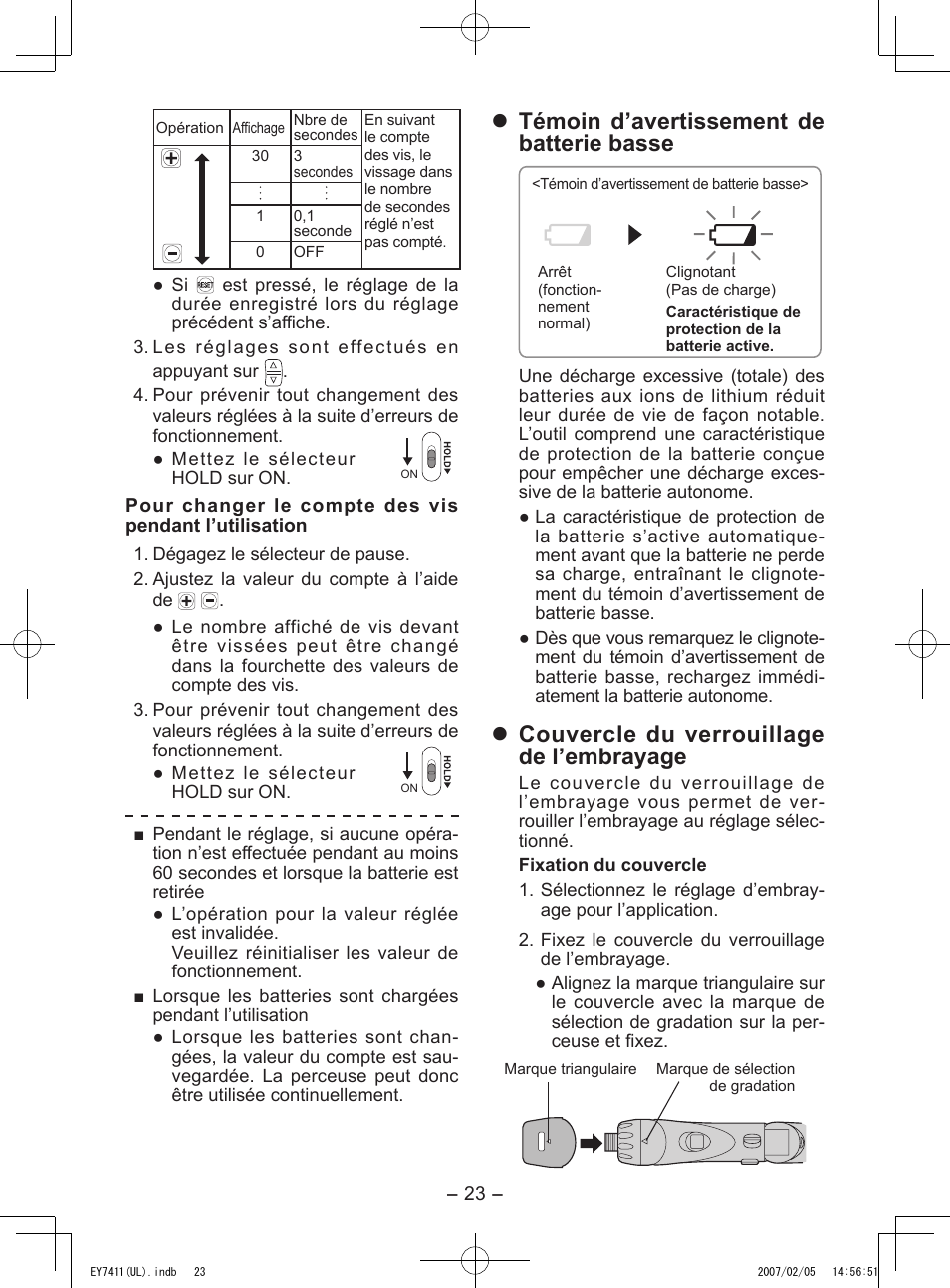 Témoin d’avertissement de batterie basse, Couvercle du verrouillage de l’embrayage | Panasonic EY7411 User Manual | Page 23 / 44