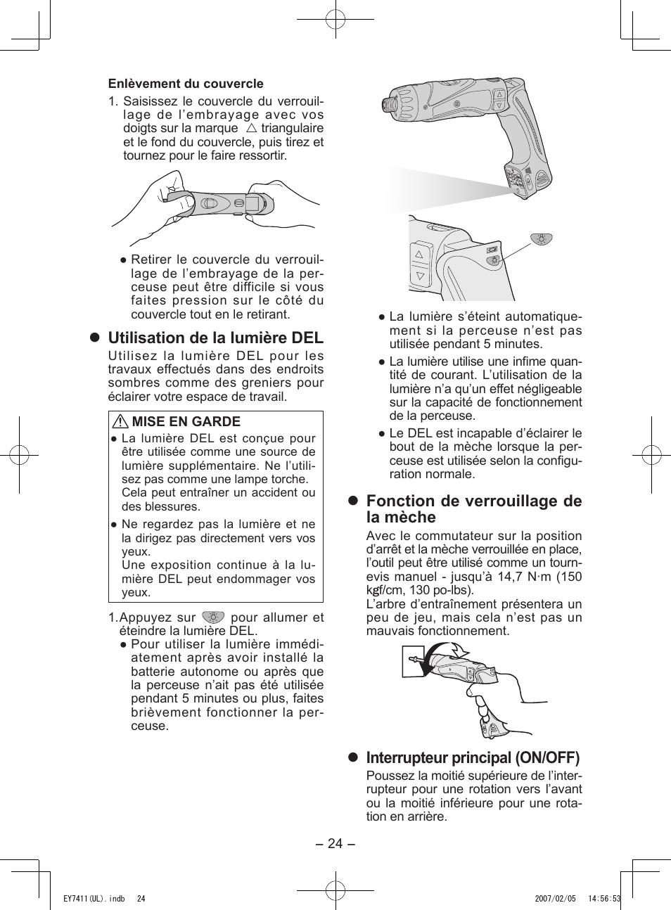 Utilisation de la lumière del, Fonction de verrouillage de la mèche, Interrupteur principal (on/off) | Panasonic EY7411 User Manual | Page 24 / 44