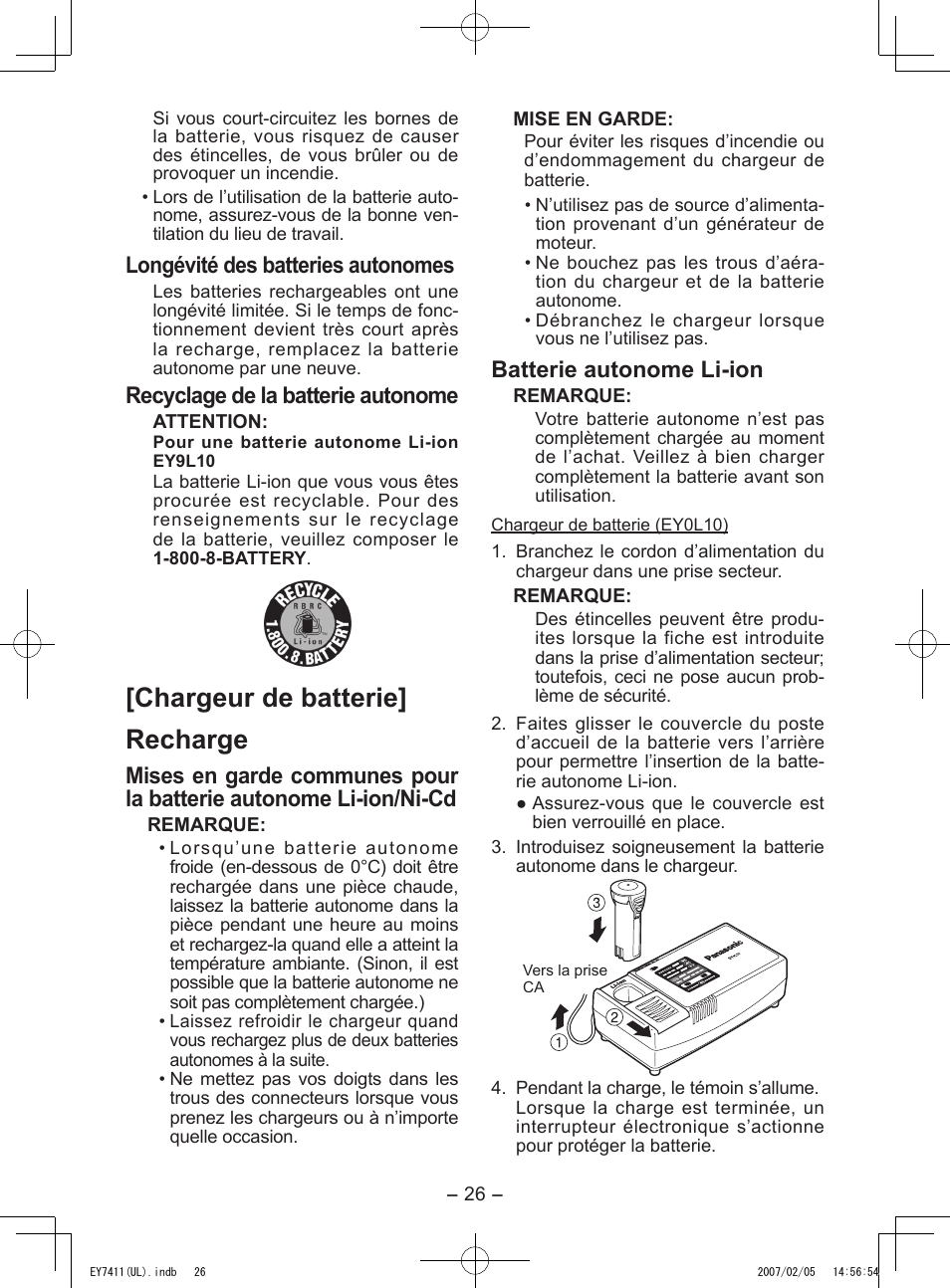 Chargeur de batterie] recharge, Longévité des batteries autonomes, Recyclage de la batterie autonome | Batterie autonome li­ion | Panasonic EY7411 User Manual | Page 26 / 44