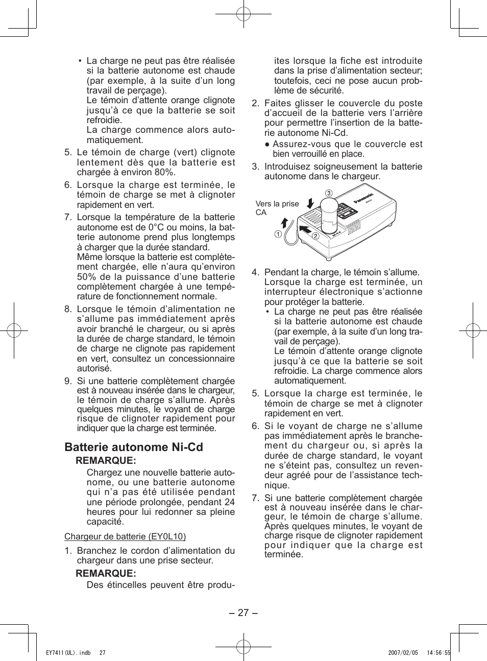 Batterie autonome ni­cd | Panasonic EY7411 User Manual | Page 27 / 44