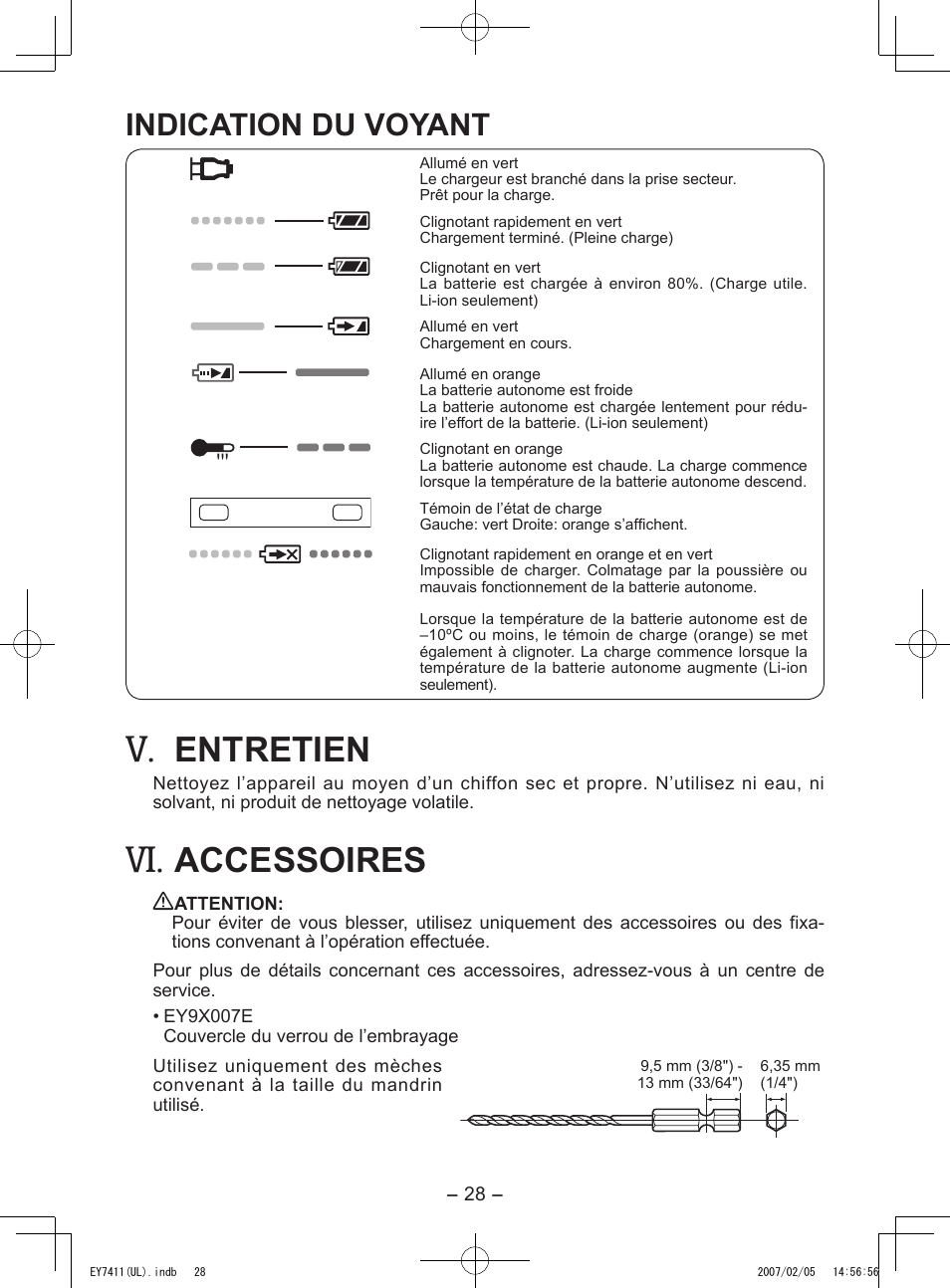 Entretien, Accessoires, Indication du voyant | Panasonic EY7411 User Manual | Page 28 / 44