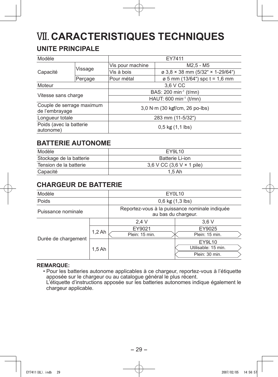 Caracteristiques techniques, Unite principale, Batterie autonome | Chargeur de batterie | Panasonic EY7411 User Manual | Page 29 / 44
