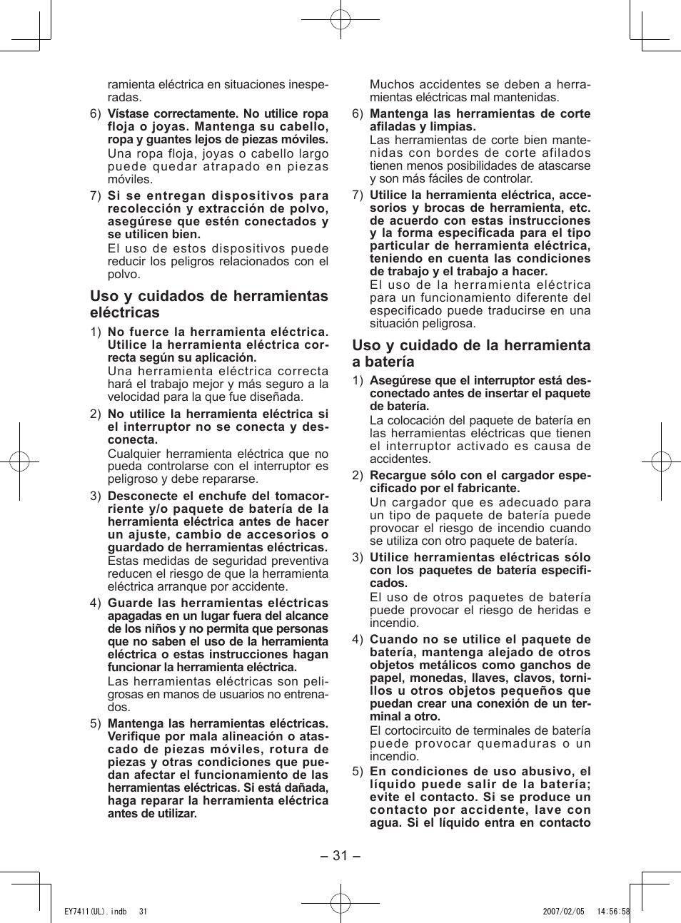 Uso y cuidados de herramientas eléctricas, Uso y cuidado de la herramienta a batería | Panasonic EY7411 User Manual | Page 31 / 44