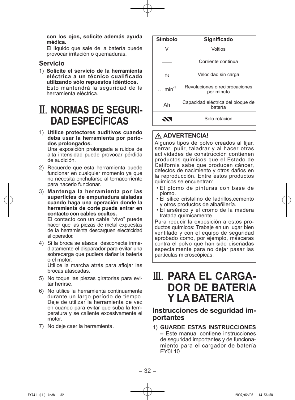 Normas de seguri­ dad específicas, Para el carga­ dor de bateria y la bateria, Instrucciones de seguridad im­ portantes | Panasonic EY7411 User Manual | Page 32 / 44