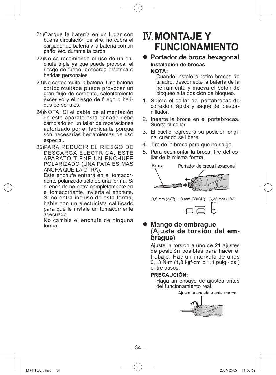 Montaje y funcionamiento, Portador de broca hexagonal | Panasonic EY7411 User Manual | Page 34 / 44