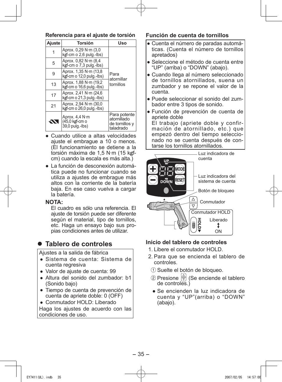 Tablero de controles | Panasonic EY7411 User Manual | Page 35 / 44