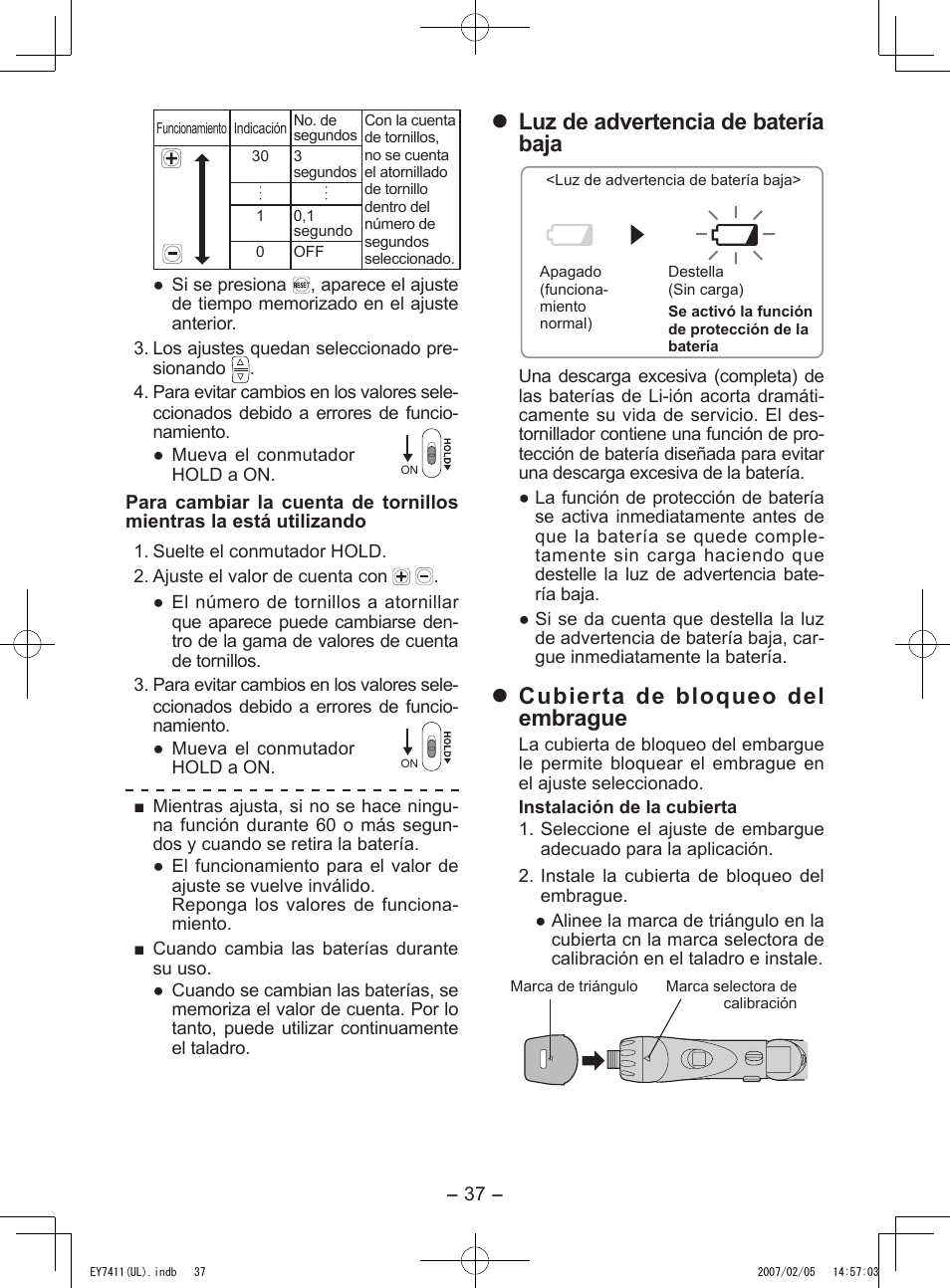 Luz de advertencia de batería baja, Cubierta de bloqueo del embrague | Panasonic EY7411 User Manual | Page 37 / 44