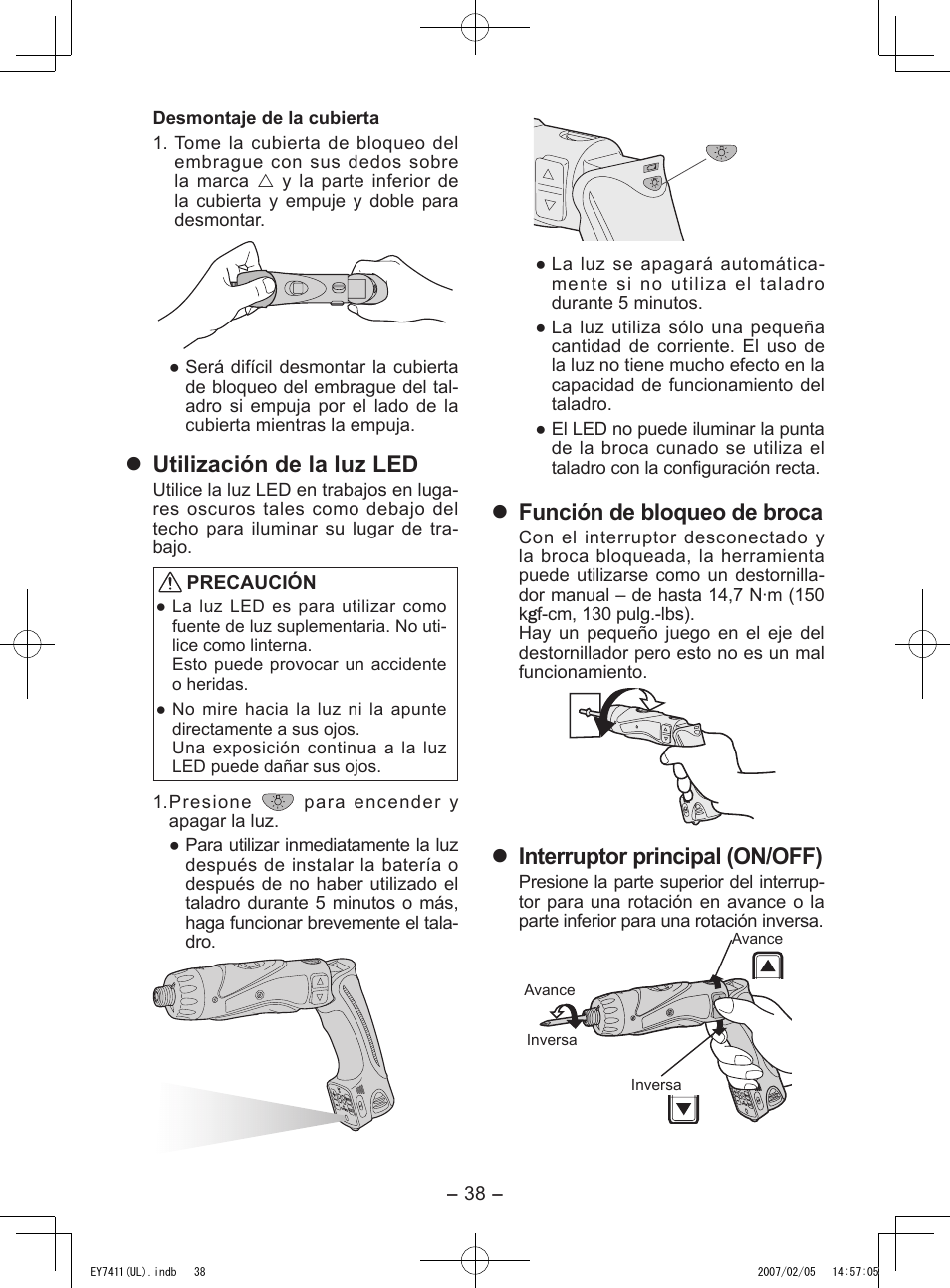 Utilización de la luz led, Función de bloqueo de broca, Interruptor principal (on/off) | Panasonic EY7411 User Manual | Page 38 / 44
