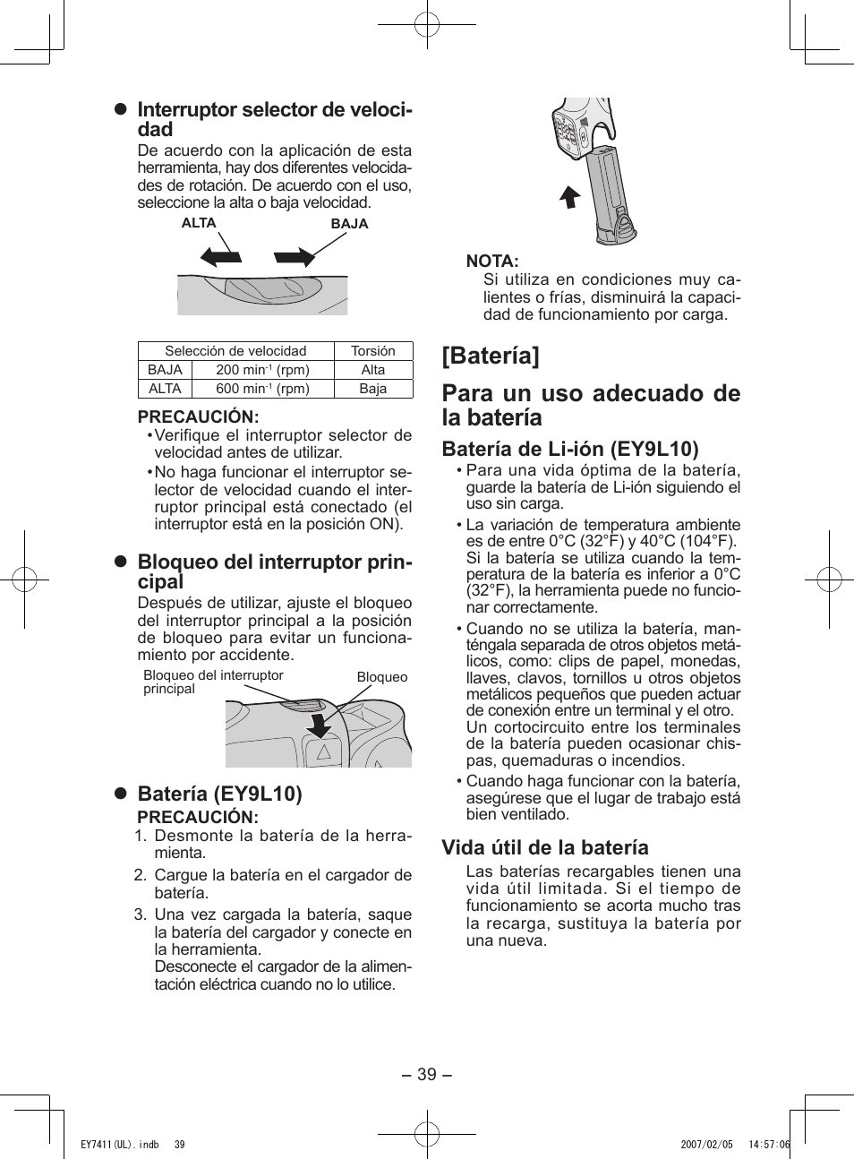 Batería] para un uso adecuado de la batería, Interruptor selector de veloci­ dad, Bloqueo del interruptor prin­ cipal | Batería (ey9l10), Batería de li­ión (ey9l10), Vida útil de la batería | Panasonic EY7411 User Manual | Page 39 / 44