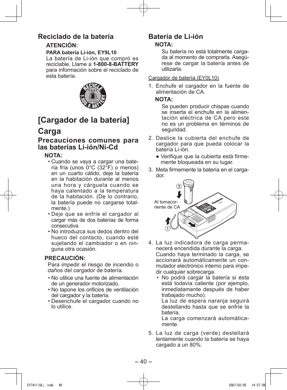 Cargador de la batería] carga, Reciclado de la batería, Batería de li­ión | Panasonic EY7411 User Manual | Page 40 / 44