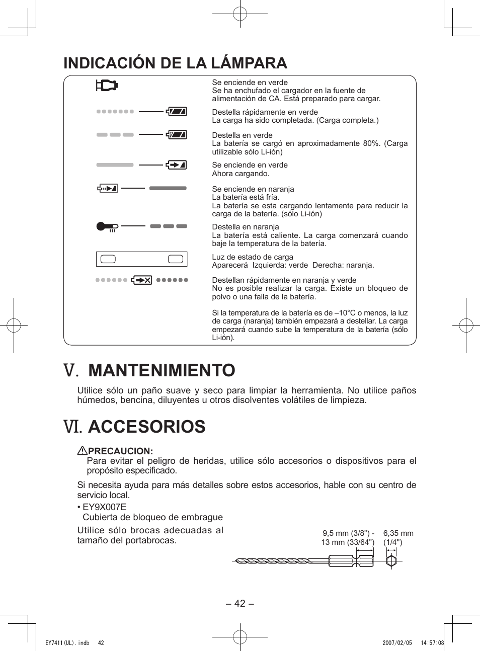 Mantenimiento, Accesorios, Indicación de la lámpara | Panasonic EY7411 User Manual | Page 42 / 44