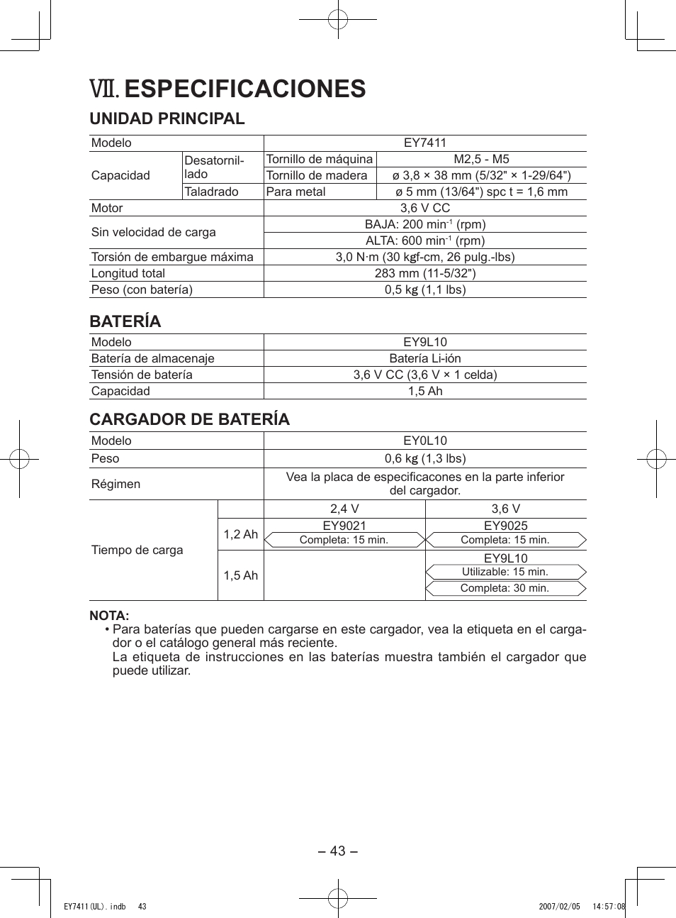 Especificaciones, Unidad principal, Batería | Cargador de batería | Panasonic EY7411 User Manual | Page 43 / 44
