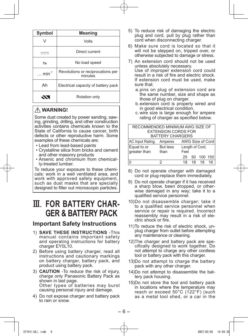 For battery char­ ger & battery pack, Important safety instructions | Panasonic EY7411 User Manual | Page 6 / 44
