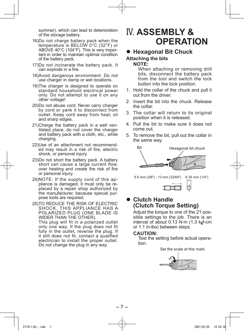 Assembly & operation, Hexagonal bit chuck, Clutch handle (clutch torque setting) | Panasonic EY7411 User Manual | Page 7 / 44