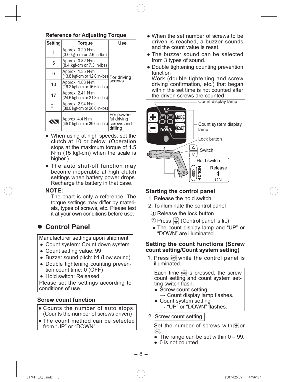 Control panel | Panasonic EY7411 User Manual | Page 8 / 44
