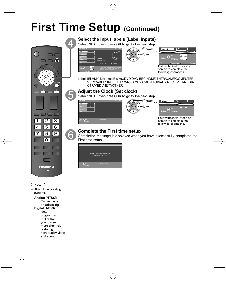 First time setup, Continued), Select the input labels (label inputs) | Adjust the clock (set clock), Complete the first time setup, Select next then press ok to go to the next step, Pqrs, Wxyz, Last, Select set | Panasonic Viera X24 User Manual | Page 14 / 24
