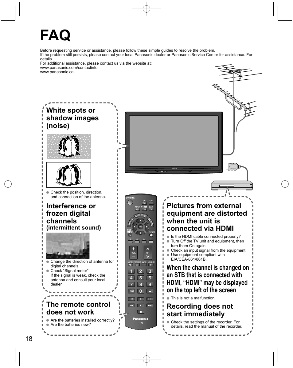 White spots or shadow images (noise), Interference or frozen digital channels, The remote control does not work | Recording does not start immediately | Panasonic Viera X24 User Manual | Page 18 / 24