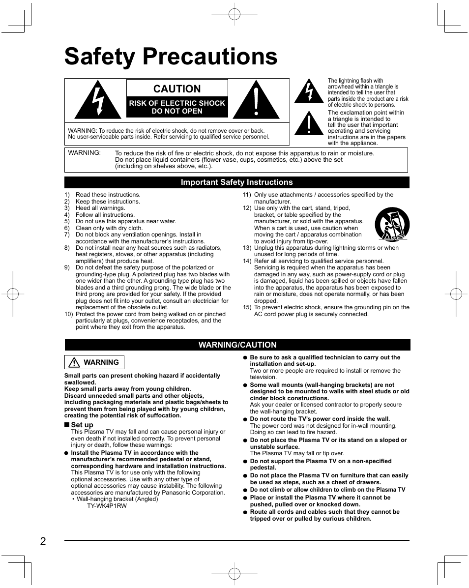 Safety precautions, Caution | Panasonic Viera X24 User Manual | Page 2 / 24
