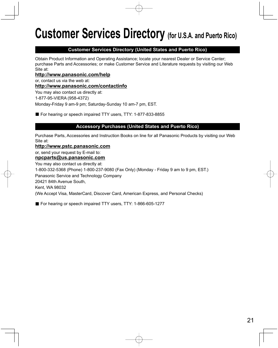 Customer services directory, For u.s.a. and puerto rico) | Panasonic Viera X24 User Manual | Page 21 / 24