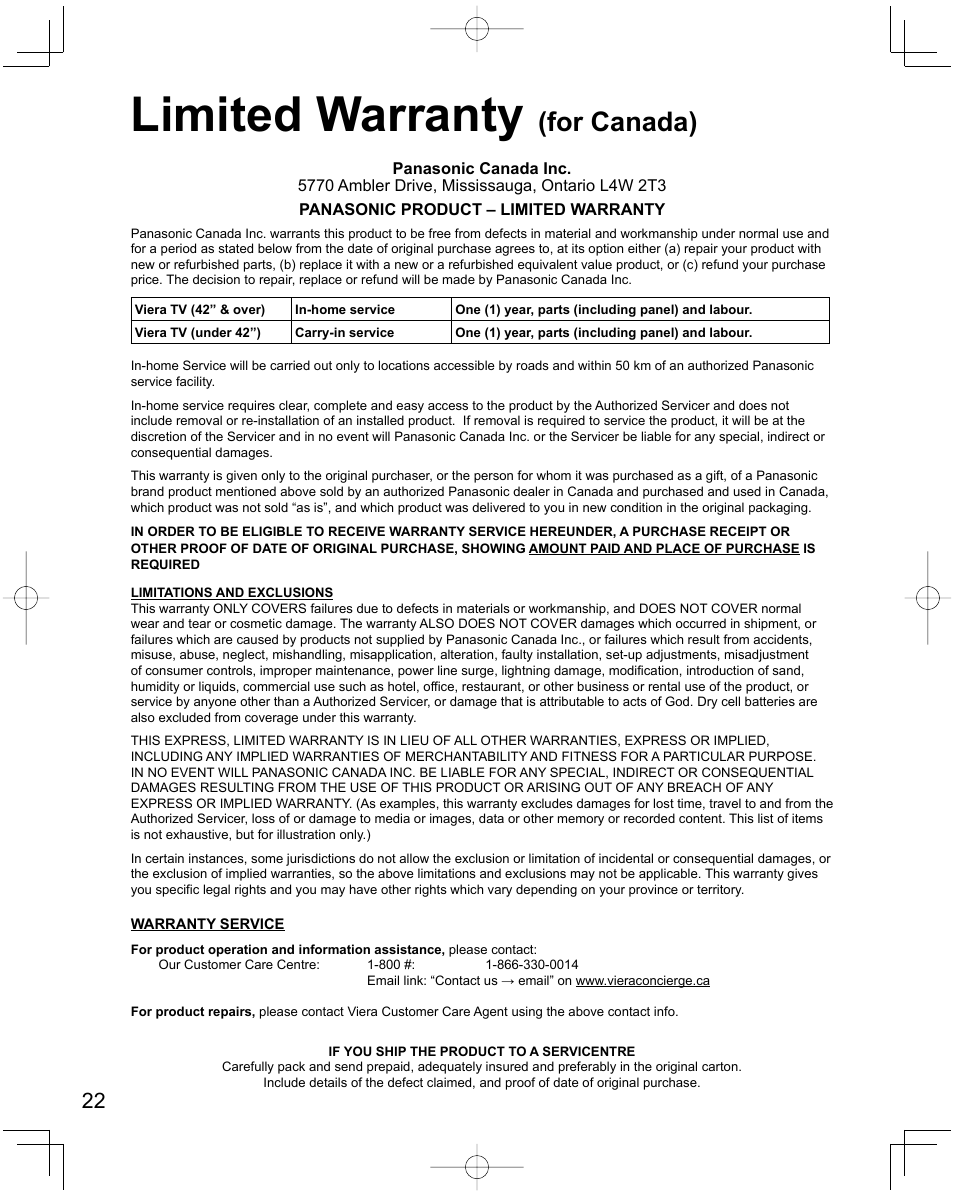 Limited warranty (for canada), Limited warranty, For canada) | Panasonic Viera X24 User Manual | Page 22 / 24