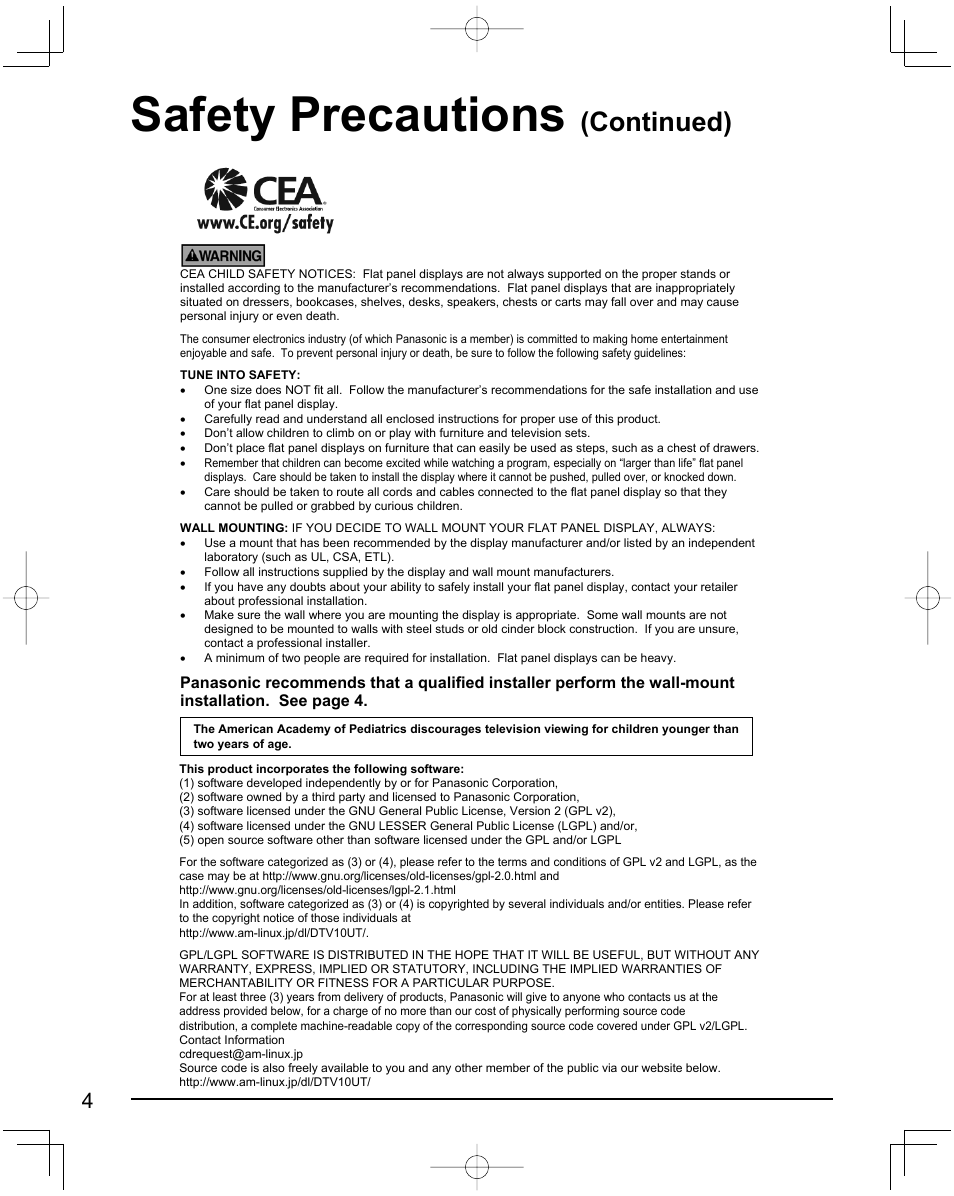 Safety precautions, Continued) | Panasonic Viera X24 User Manual | Page 4 / 24