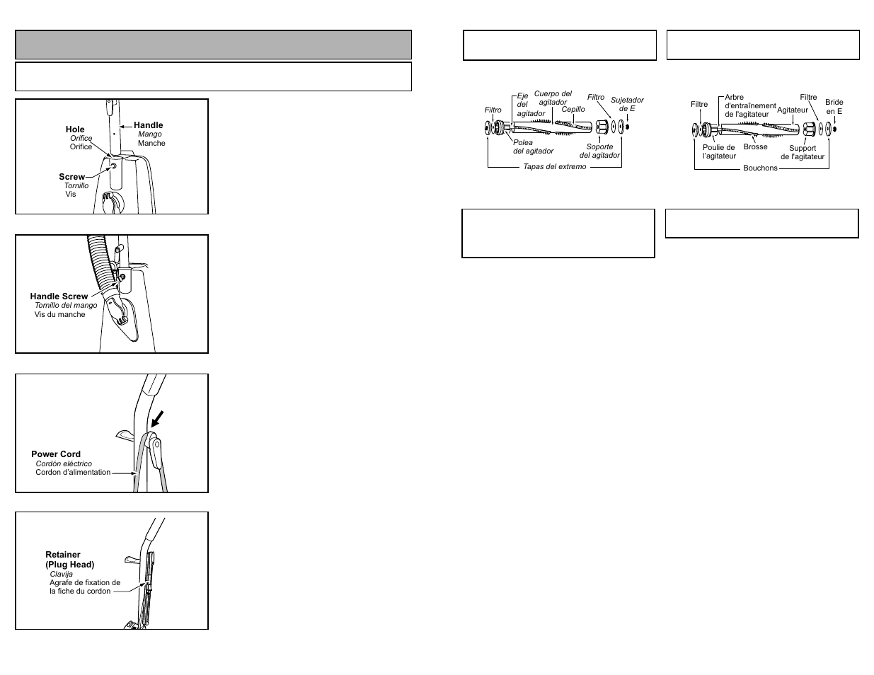 Montaje de agitador, Quitar de los residuos de basura en los conductos, Assemblage de l'agitateur | Degagement des obstructions, Assembly, Attaching handle | Panasonic MC-V5267 User Manual | Page 37 / 48