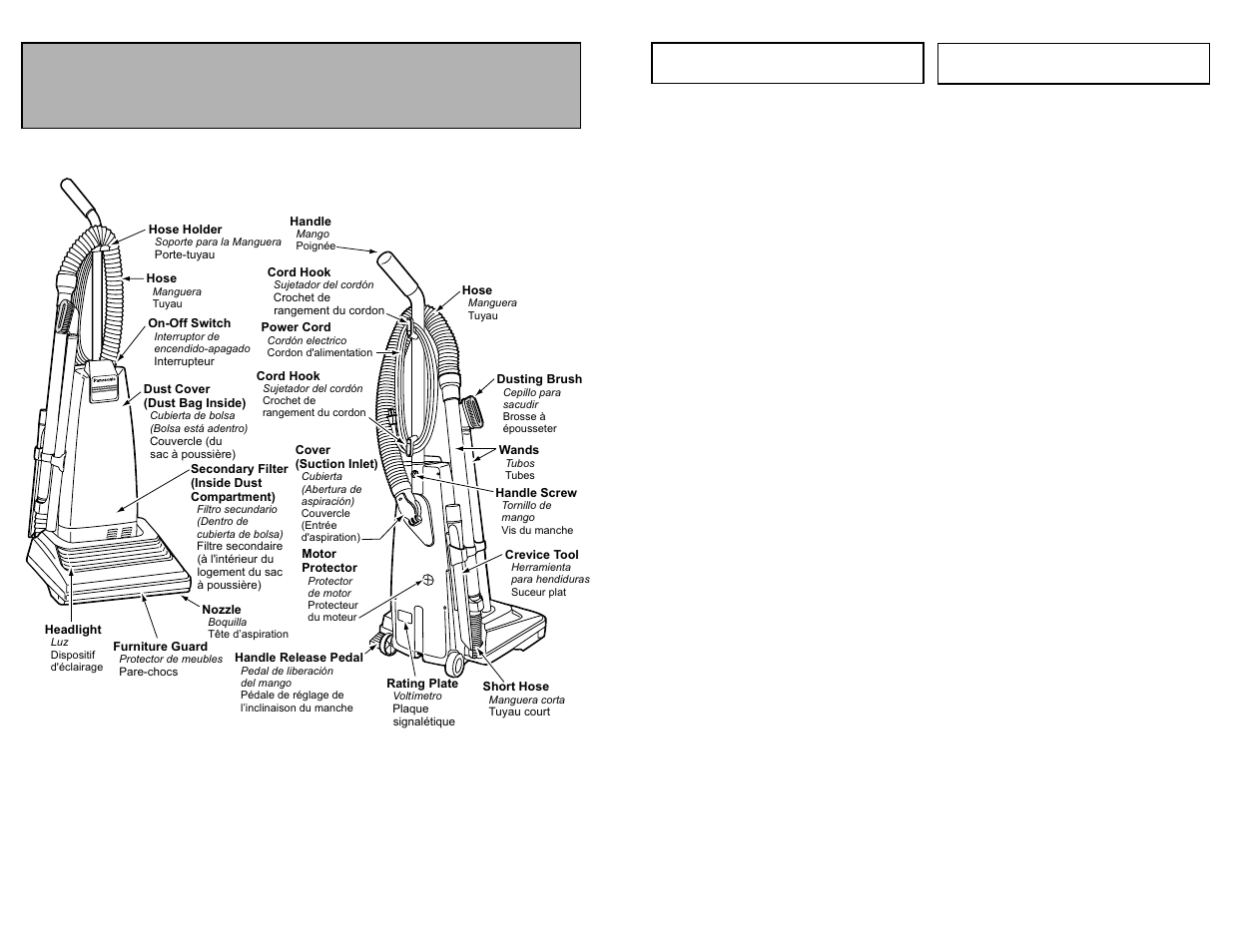Limpieza del exterior y de los herramientas, Nettoyage du boitier et des accessoires, Parts identification | Identificación de piezas nomenclature | Panasonic MC-V5267 User Manual | Page 39 / 48