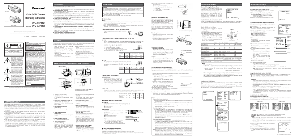 Panasonic WV-CP484 User Manual | 2 pages