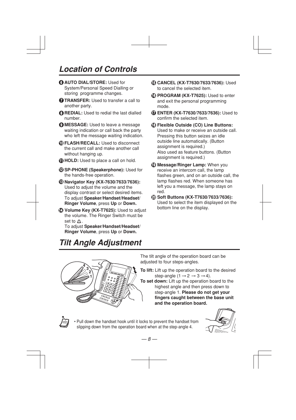 Location of controls, Tilt angle adjustment | Panasonic KX-T7633E User Manual | Page 8 / 12