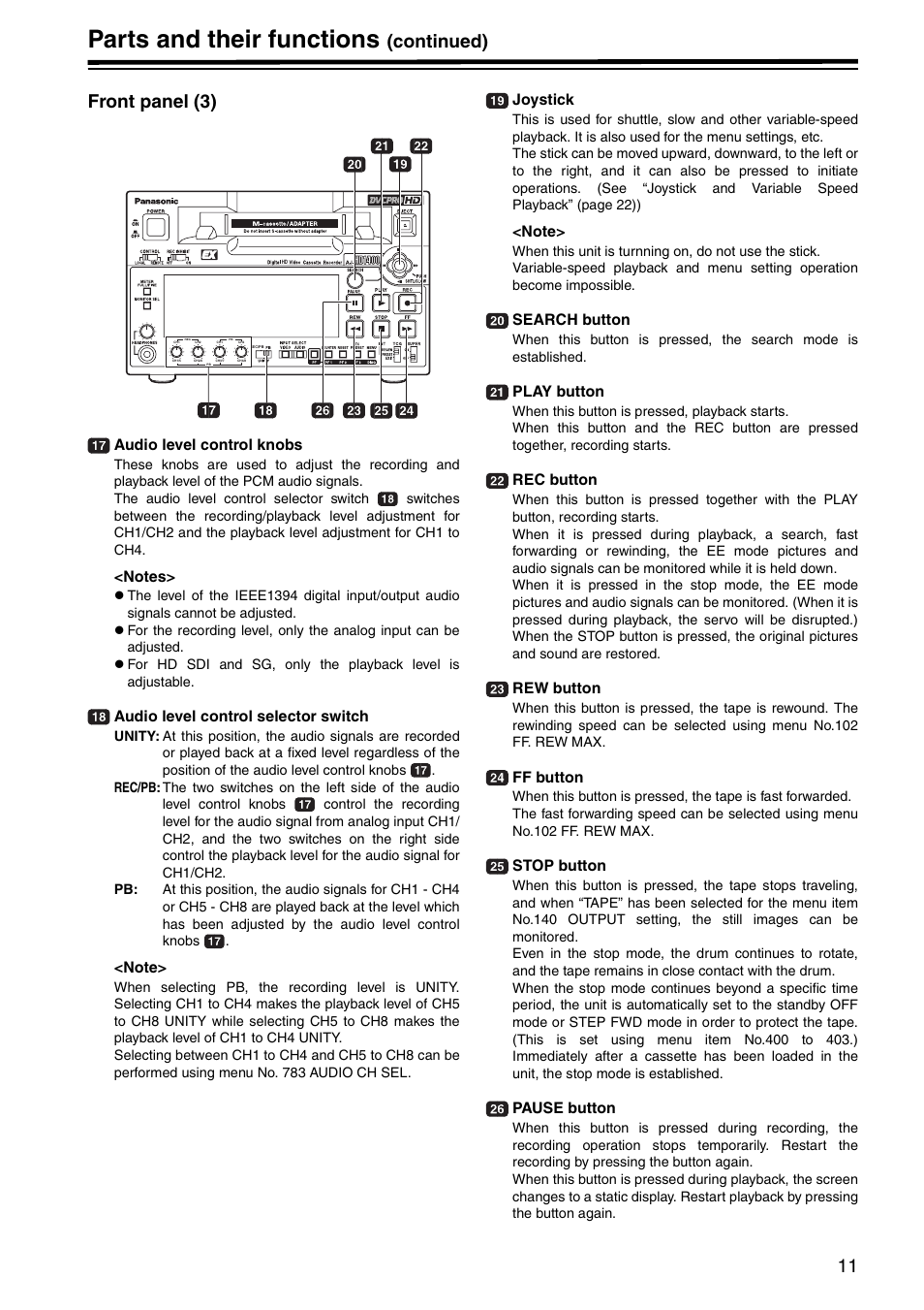 Front panel (3), Parts and their functions, Continued) front panel (3) | Panasonic AJ-HD1400P User Manual | Page 11 / 68
