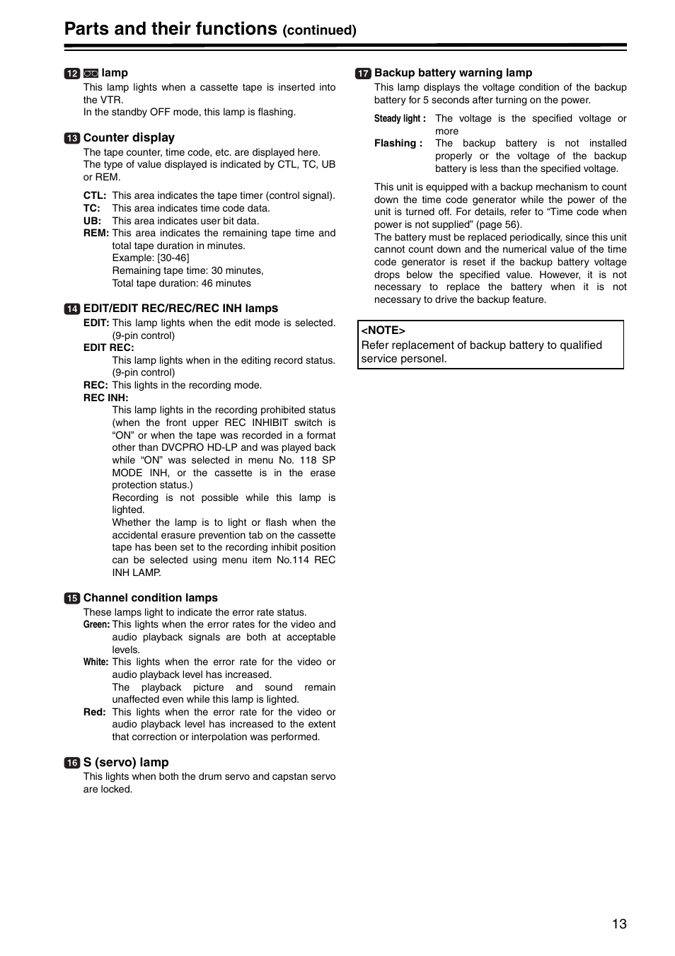 Parts and their functions, Continued) | Panasonic AJ-HD1400P User Manual | Page 13 / 68