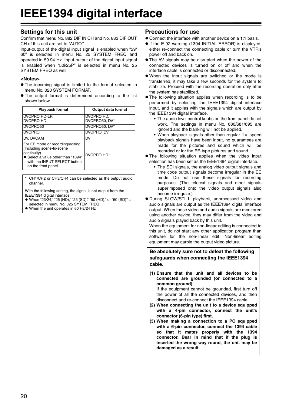 Ieee1394 digital interface, Settings for this unit, Precautions for use | Settings for this unit precautions for use | Panasonic AJ-HD1400P User Manual | Page 20 / 68