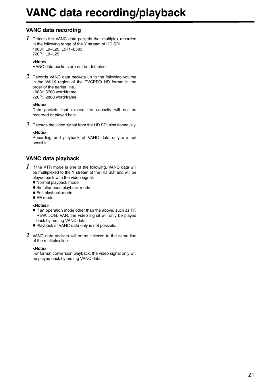 Vanc data recording/playback, Vanc data recording, Vanc data playback | Vanc data recording vanc data playback | Panasonic AJ-HD1400P User Manual | Page 21 / 68