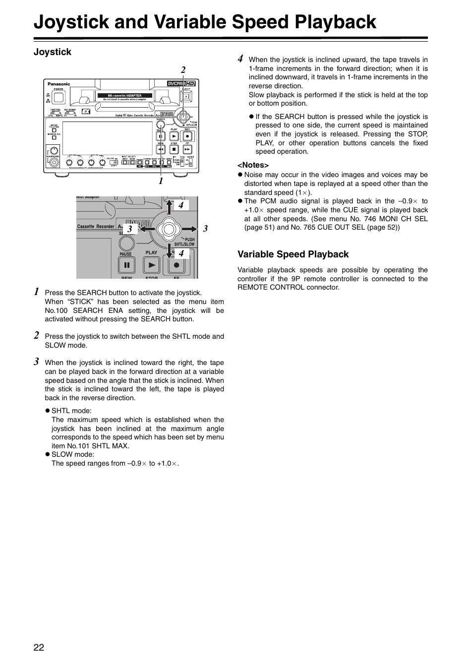 Joystick and variable speed playback, Joystick, Variable speed playback | Joystick variable speed playback | Panasonic AJ-HD1400P User Manual | Page 22 / 68
