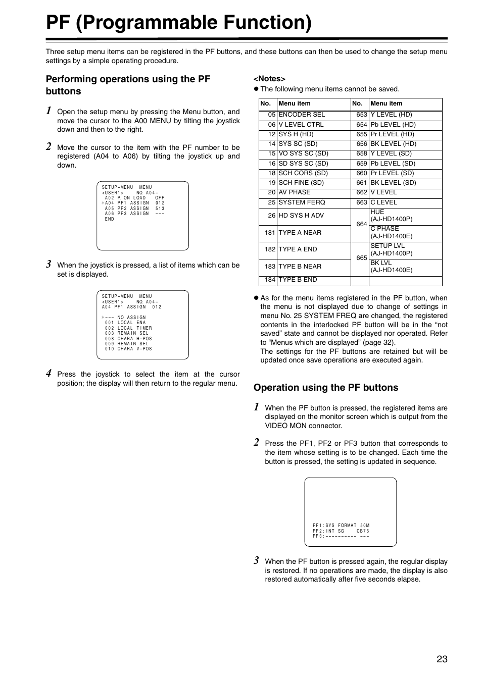 Pf (programmable function), Performing operations using the pf buttons, Operation using the pf buttons | Panasonic AJ-HD1400P User Manual | Page 23 / 68