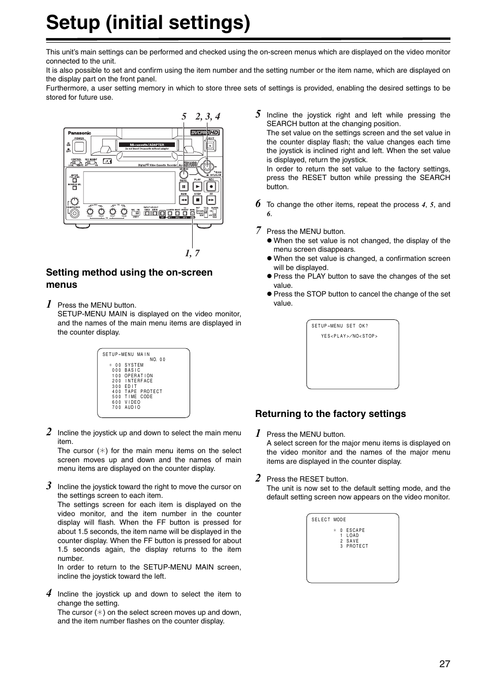 Setup (initial settings), Setting method using the on-screen menus, Returning to the factory settings | Panasonic AJ-HD1400P User Manual | Page 27 / 68