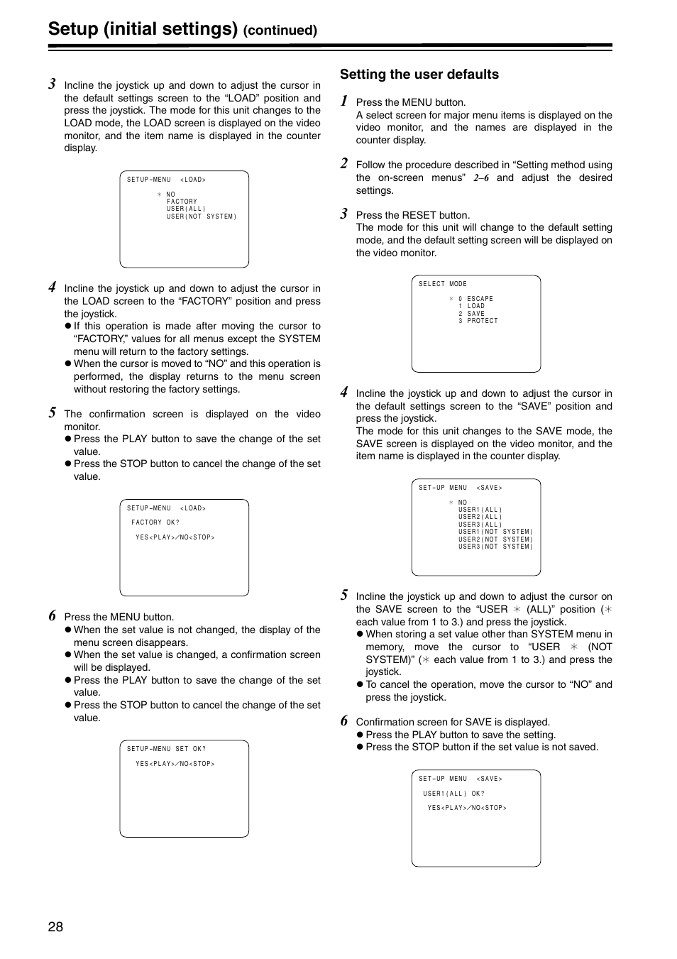 Setting the user defaults, Setup (initial settings), Continued) | Panasonic AJ-HD1400P User Manual | Page 28 / 68