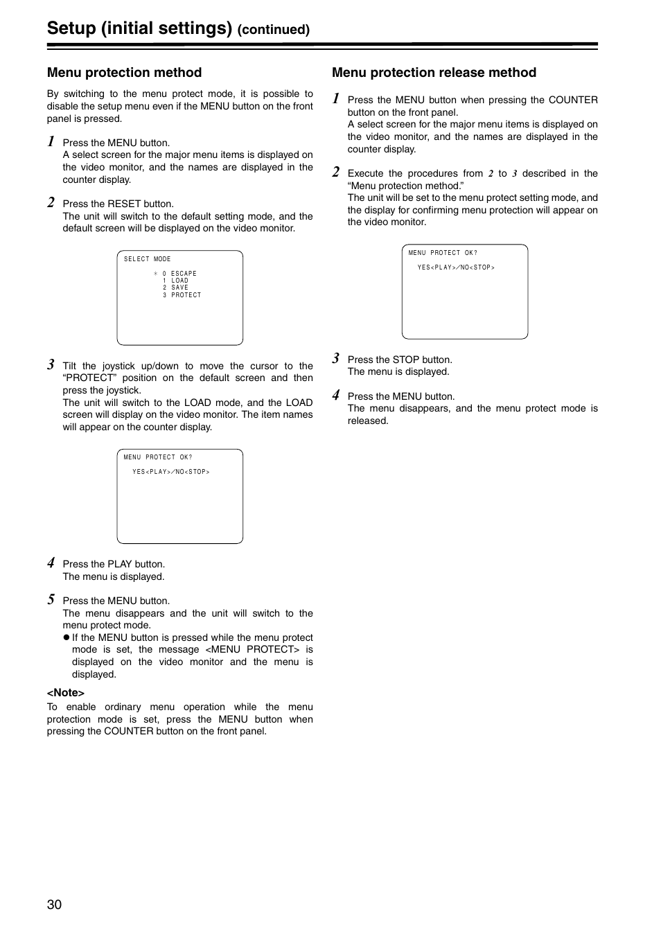 Menu protection method, Menu protection release method, Setup (initial settings) | Panasonic AJ-HD1400P User Manual | Page 30 / 68