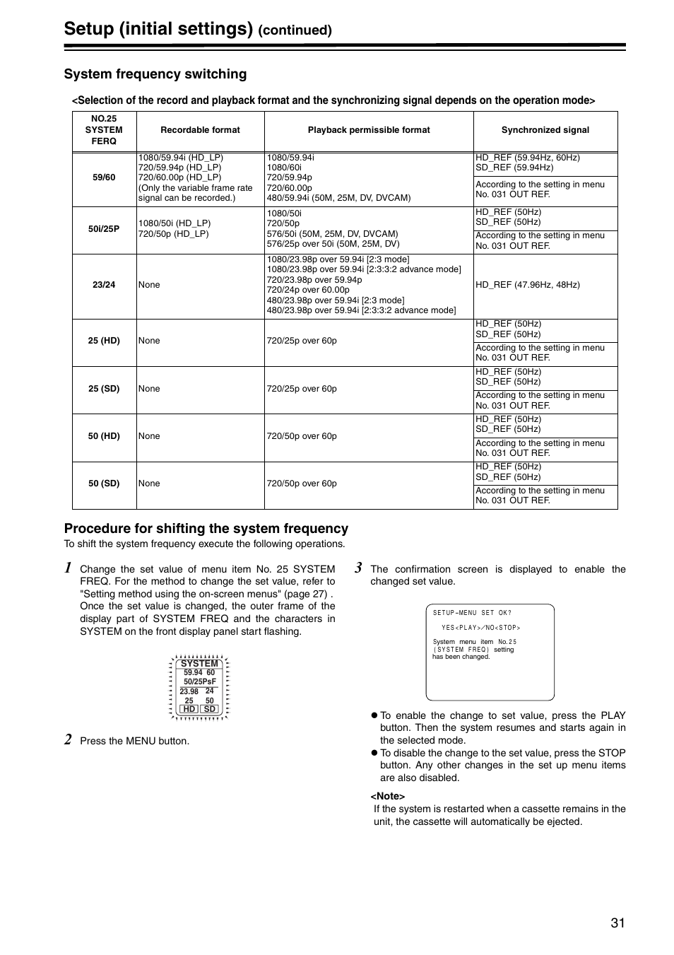 System frequency switching, Procedure for shifting the system frequency, Setup (initial settings) | Panasonic AJ-HD1400P User Manual | Page 31 / 68