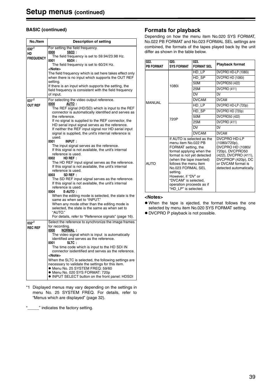Formats for playback, Setup menus, Continued) | Panasonic AJ-HD1400P User Manual | Page 39 / 68