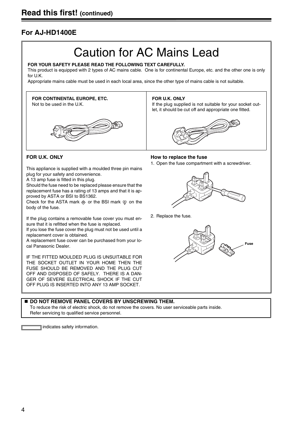 Caution for ac mains lead, Read this first, For aj-hd1400e | Panasonic AJ-HD1400P User Manual | Page 4 / 68