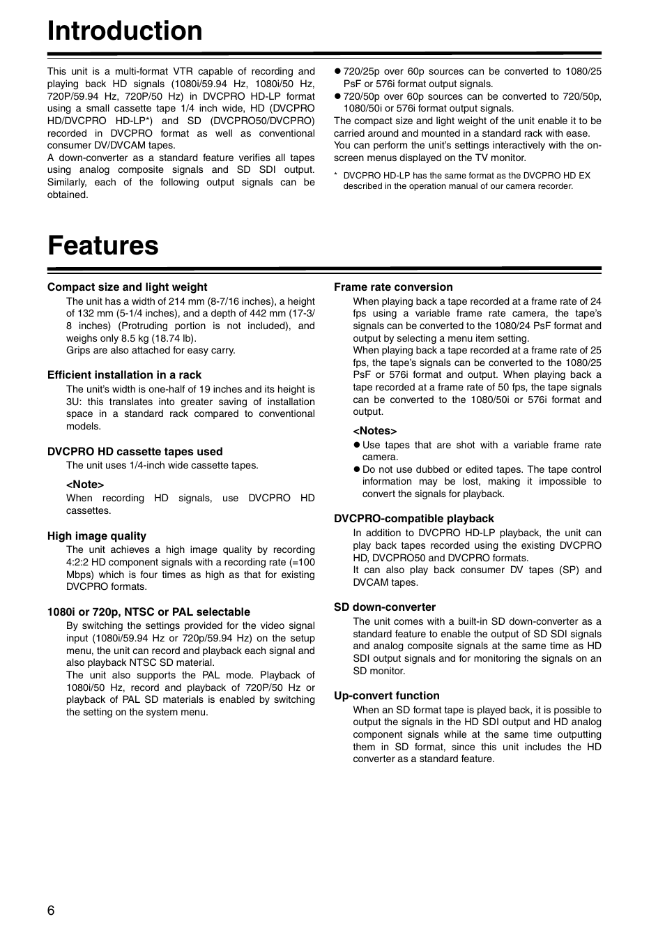 Introduction, Features, Introduction features | Panasonic AJ-HD1400P User Manual | Page 6 / 68