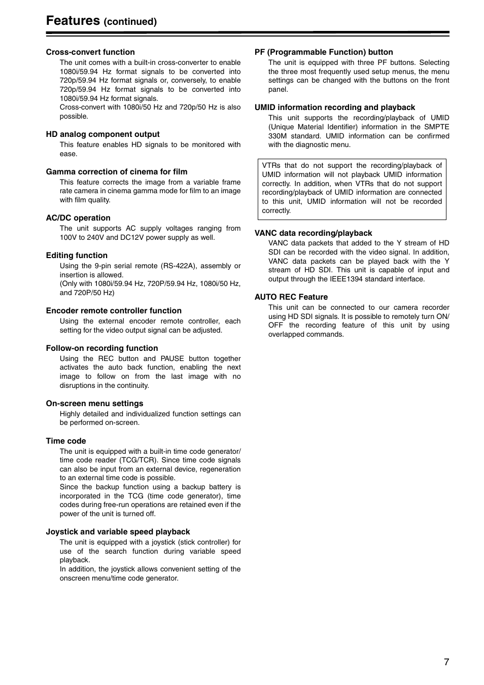 Features, Continued) | Panasonic AJ-HD1400P User Manual | Page 7 / 68