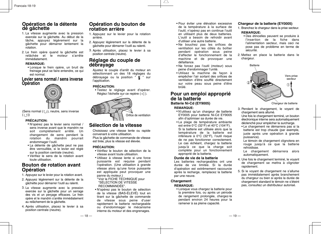 Levier sens normal / sens inverse opération, Bouton de rotation avant opération, Opération du bouton de rotation arrière | Réglage du couple de débrayage, Sélection de la vitesse, Pour un emploi approprié de la batterie, Opération de la détente de gâchette | Panasonic EY6105 User Manual | Page 10 / 16