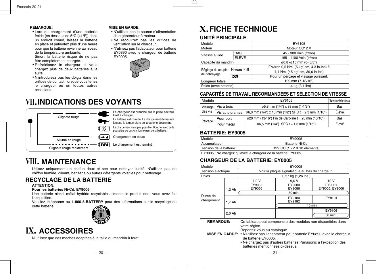 Viii, Indications des voyants, Maintenance | Accessoires, Fiche technique, Recyclage de la batterie | Panasonic EY6105 User Manual | Page 11 / 16