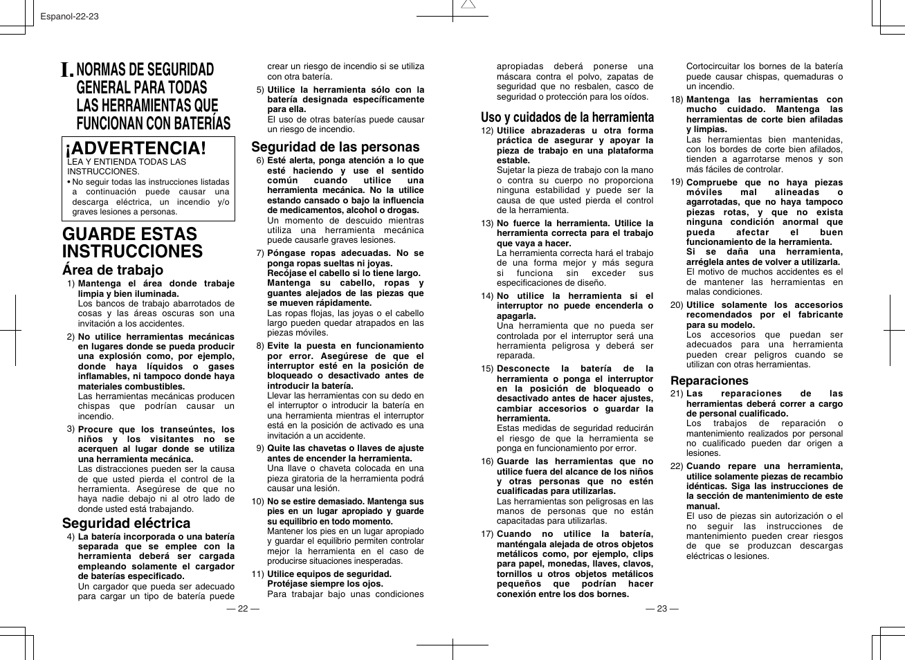 Guarde estas instrucciones, Área de trabajo, Seguridad de las personas | Seguridad eléctrica, Uso y cuidados de la herramienta | Panasonic EY6105 User Manual | Page 12 / 16