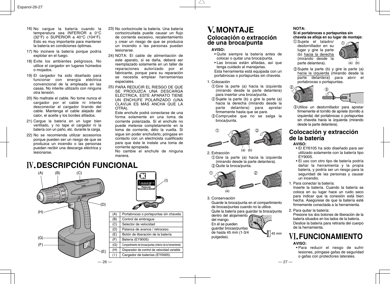 Descripción funcional, Montaje, Funcionamiento | Colocación o extracción de una broca/punta, Colocación y extracción de la batería | Panasonic EY6105 User Manual | Page 14 / 16