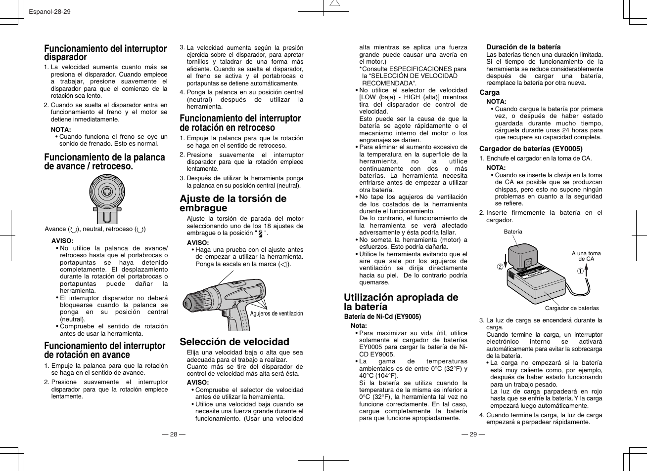 Funcionamiento de la palanca de avance / retroceso, Ajuste de la torsión de embrague, Selección de velocidad | Utilización apropiada de la batería, Funcionamiento del interruptor disparador | Panasonic EY6105 User Manual | Page 15 / 16