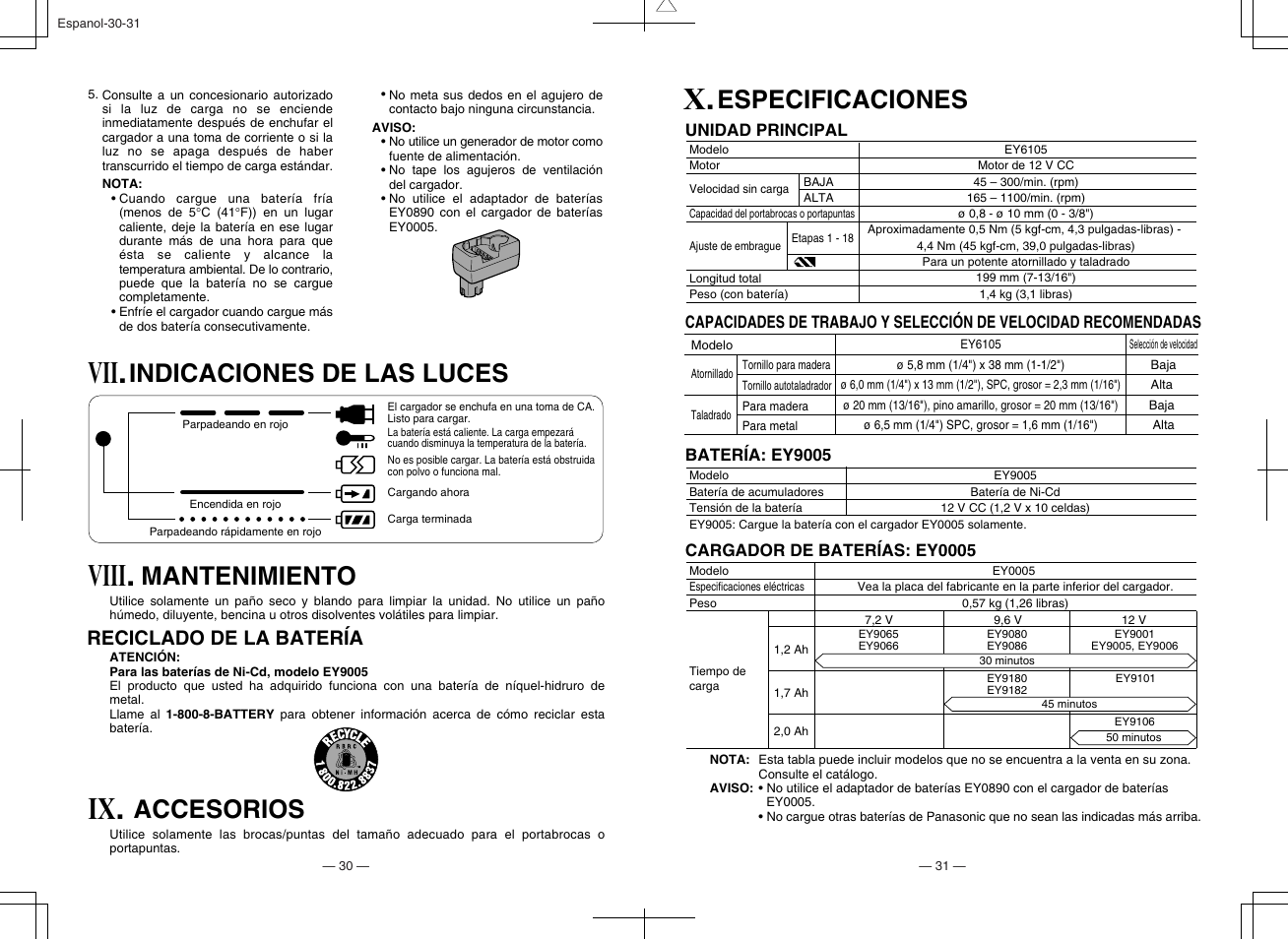 Viii, Indicaciones de las luces, Mantenimiento | Accesorios, Especificaciones, Reciclado de la batería | Panasonic EY6105 User Manual | Page 16 / 16