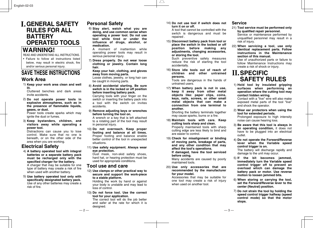 Specific safety rules warning, Save these instructions, Work area | Electrical safety, Personal safety, Tool use and care | Panasonic EY6105 User Manual | Page 2 / 16